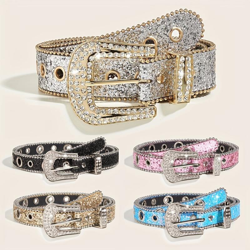 Glitter Sparkling Rhinestone Belt Y2K PU Belt Hip Hop Decorative Belt