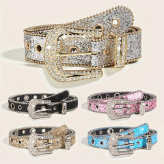Glitter Sparkling Rhinestone Belt Y2K PU Belt Hip Hop Decorative Belt