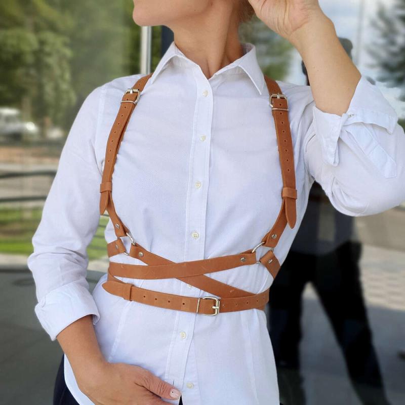 Brown Cross Suspenders Punk PU Leather Chest Harness Belt Gothic