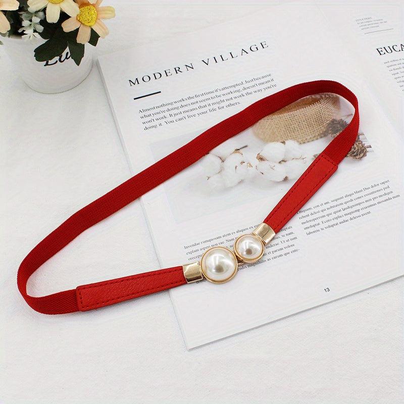 Faux Pearl Buckle Belt Women PU Leather Waist Elastic Thin Belts