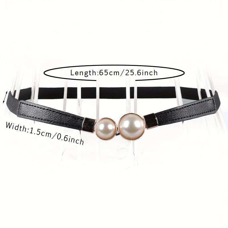 Faux Pearl Buckle Belt Women PU Leather Waist Elastic Thin Belts