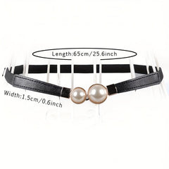 Faux Pearl Buckle Belt Women PU Leather Waist Elastic Thin Belts