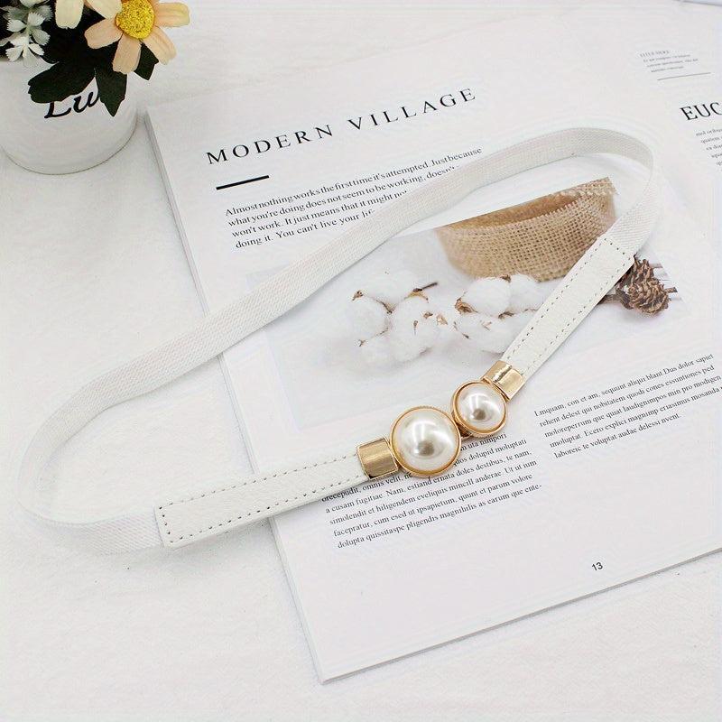Faux Pearl Buckle Belt Women PU Leather Waist Elastic Thin Belts