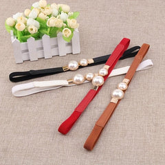 Faux Pearl Buckle Belt Women PU Leather Waist Elastic Thin Belts