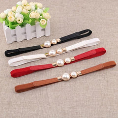 Faux Pearl Buckle Belt Women PU Leather Waist Elastic Thin Belts