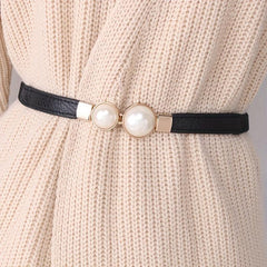 Faux Pearl Buckle Belt Women PU Leather Waist Elastic Thin Belts