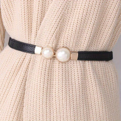 Faux Pearl Buckle Belt Women PU Leather Waist Elastic Thin Belts