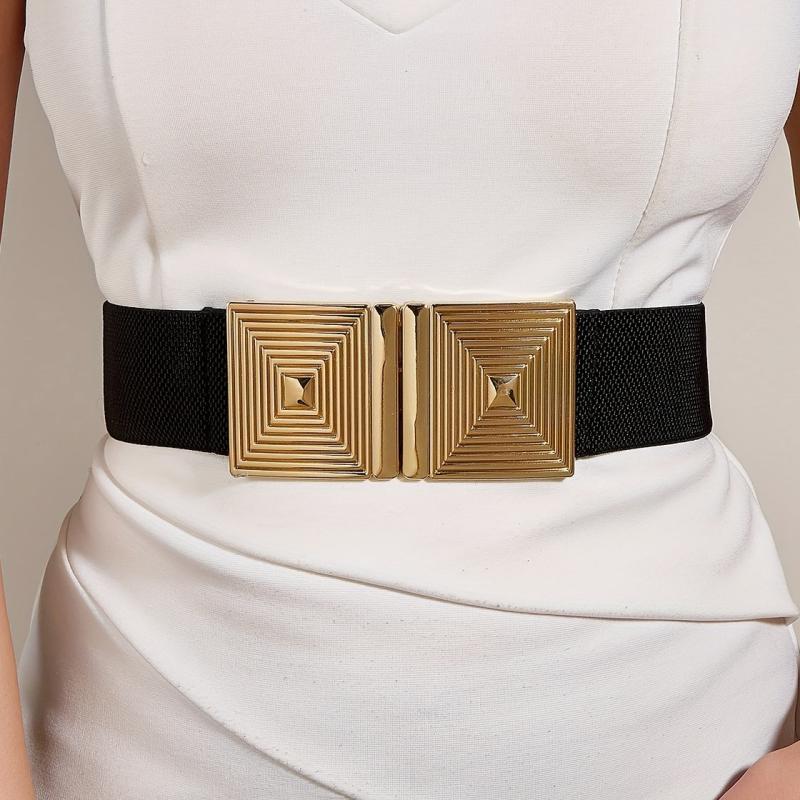 Spiral Square Buckle Elastic Belt Wide Waistband for Women