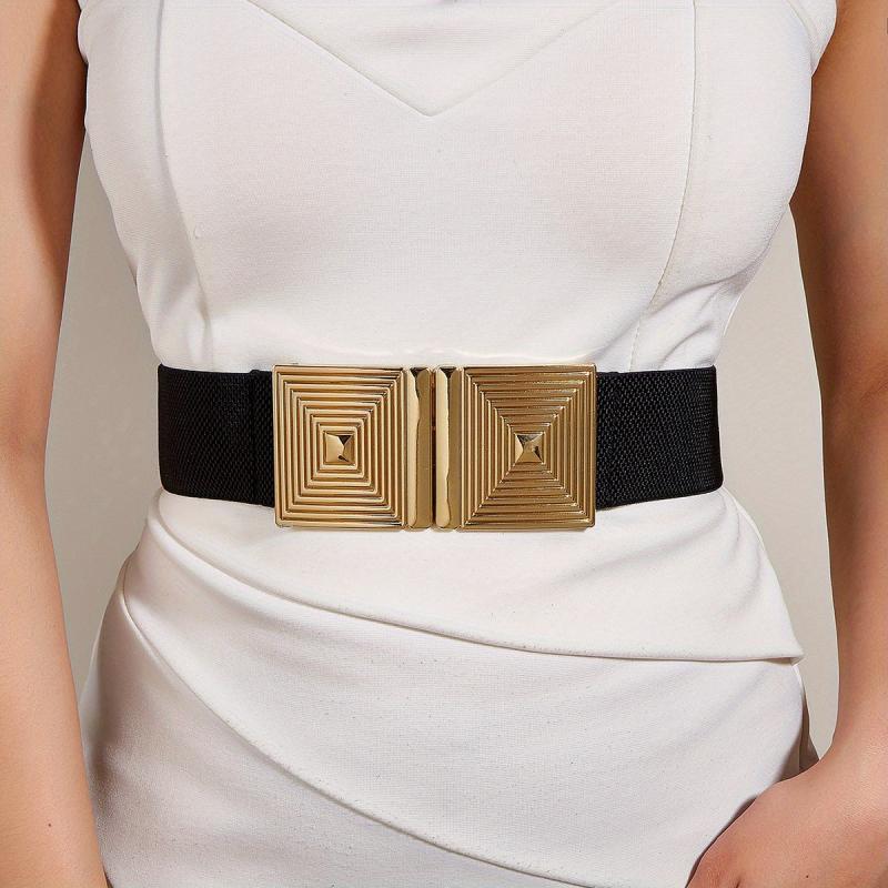 Spiral Square Buckle Elastic Belt Wide Waistband for Women