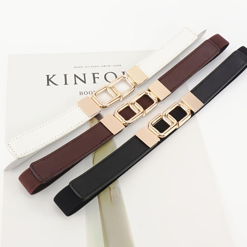 Women's Thin Belt Elastic Band with Metal Golden Buckle