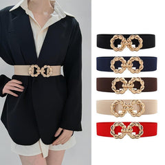Women's Multicolor Elastic Belt w/ Golden Ring Buckle for Dress