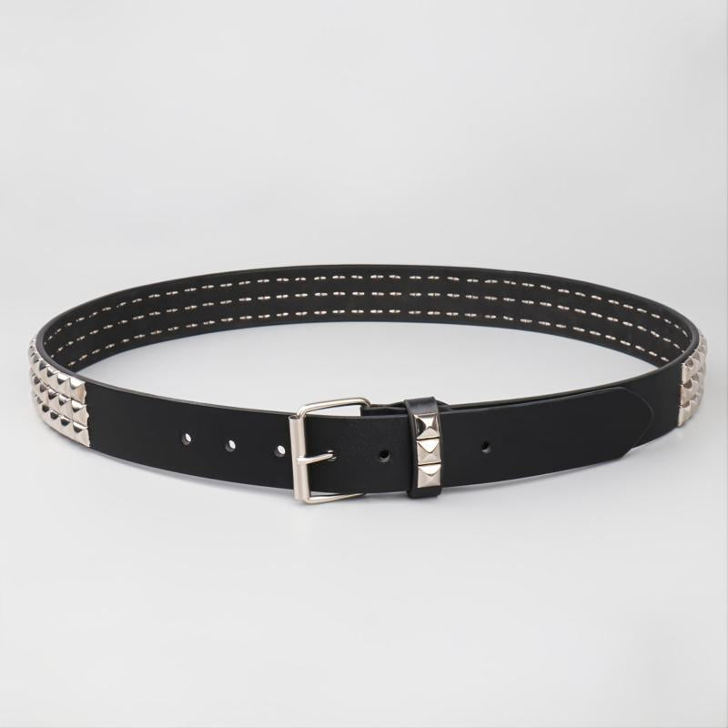 Pyramid Men's Belt - Genuine Leather Black Dress Belt with Silver Buckle