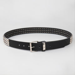 Pyramid Men's Belt - Genuine Leather Black Dress Belt with Silver Buckle