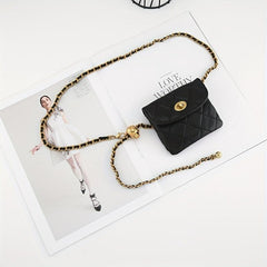 Rhombus Embossed Waist Bag Belt Stylish PU Golden Chain Waist Belt
