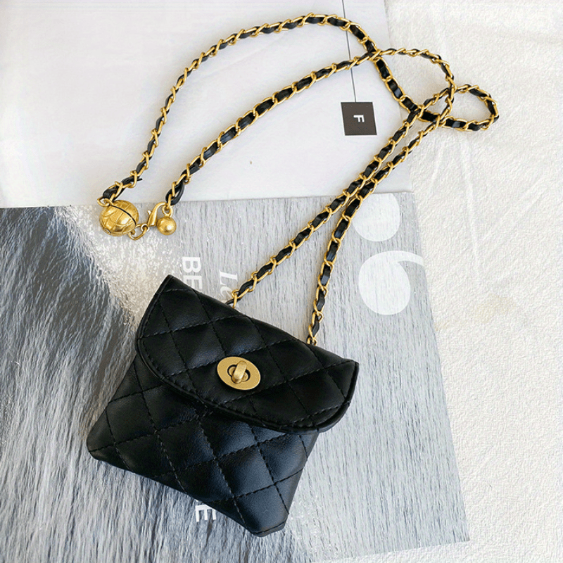 Rhombus Embossed Waist Bag Belt Stylish PU Golden Chain Waist Belt