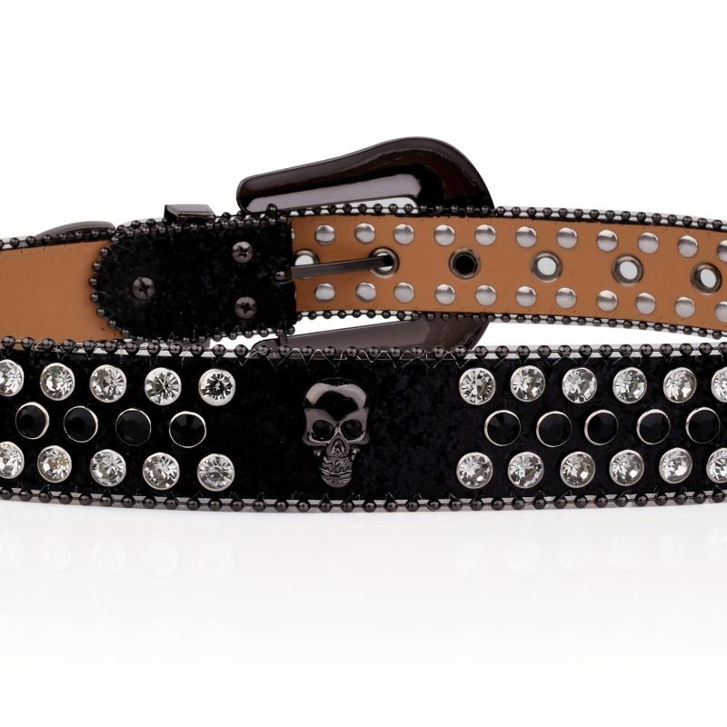 Skull Rivet Buckle Belt Glitter Rhinestone Decor Hip Hop Jeans Pants Belt