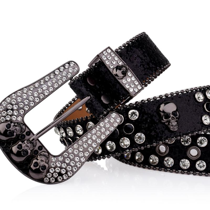 Skull Rivet Buckle Belt Glitter Rhinestone Decor Hip Hop Jeans Pants Belt