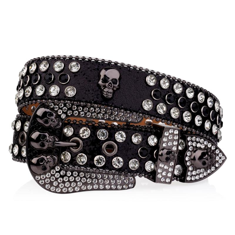 Skull Rivet Buckle Belt Glitter Rhinestone Decor Hip Hop Jeans Pants Belt