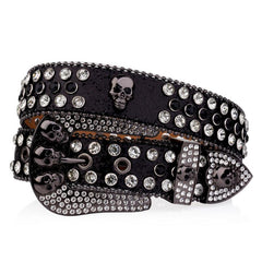 Skull Rivet Buckle Belt Glitter Rhinestone Decor Hip Hop Jeans Pants Belt