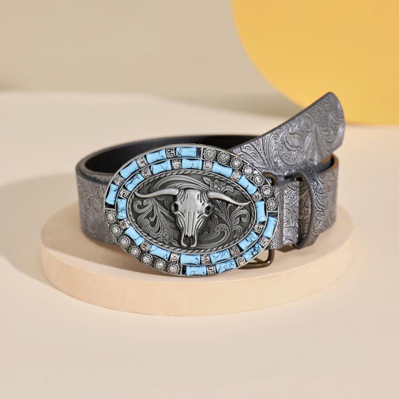 Boho Vintage Belt Print Silvery Cattle Head Buckle Belt For Women