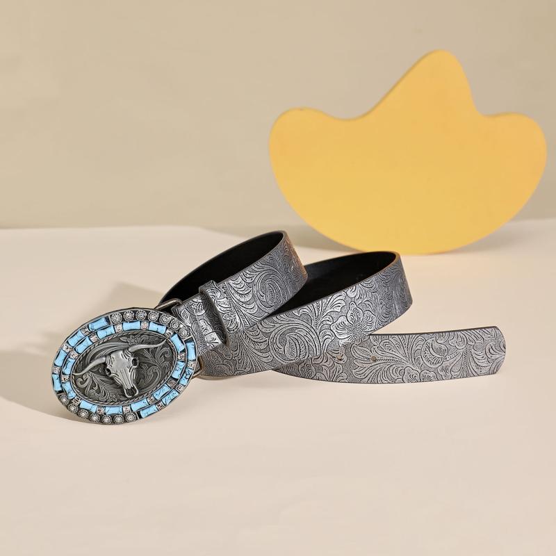 Boho Vintage Belt Print Silvery Cattle Head Buckle Belt For Women