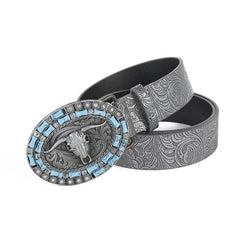 Boho Vintage Belt Print Silvery Cattle Head Buckle Belt For Women