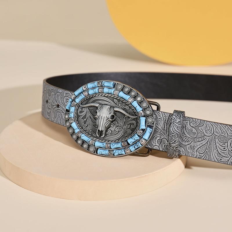 Boho Vintage Belt Print Silvery Cattle Head Buckle Belt For Women