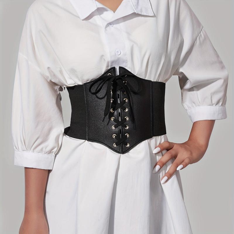 Gothic Lace Up Wide PU Belt Punk Bowknot Elastic Corset Waspie Belt