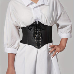Gothic Lace Up Wide PU Belt Punk Bowknot Elastic Corset Waspie Belt