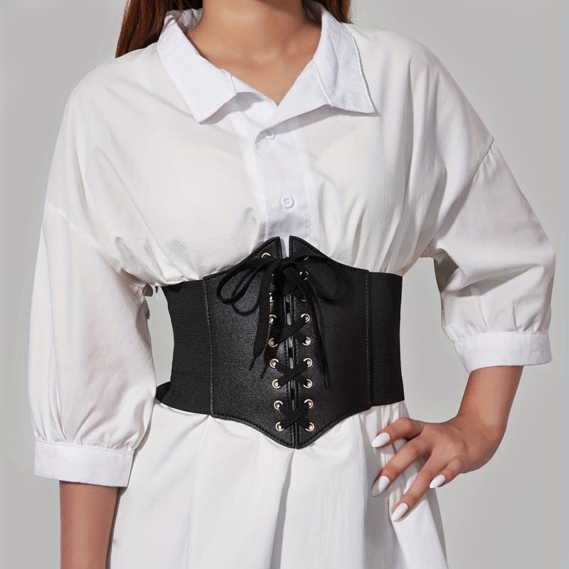 Gothic Lace Up Wide PU Belt Punk Bowknot Elastic Corset Waspie Belt