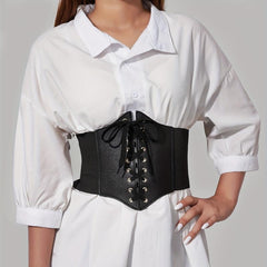 Gothic Lace Up Wide PU Belt Punk Bowknot Elastic Corset Waspie Belt