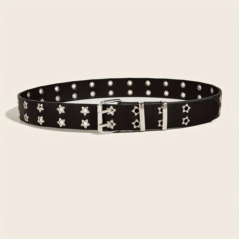 Pentagram Eyelet Rivet Belt Hollow Out PU Leather Belt Hip Hop Jeans Waistband