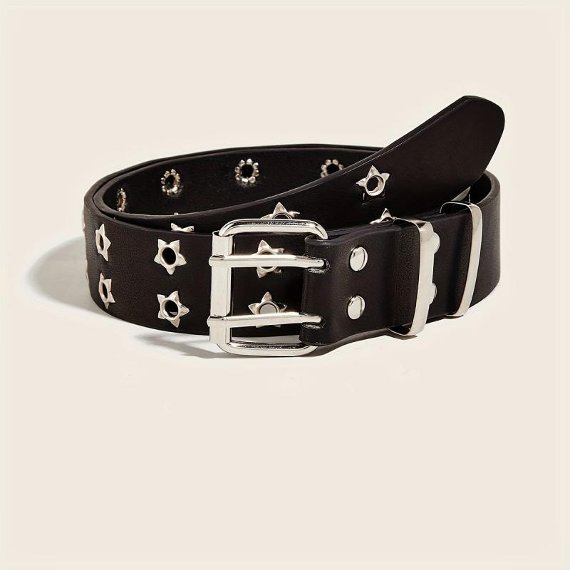 Pentagram Eyelet Rivet Belt Hollow Out PU Leather Belt Hip Hop Jeans Waistband