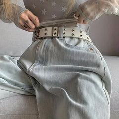 Pentagram Eyelet Rivet Belt Hollow Out PU Leather Belt Hip Hop Jeans Waistband