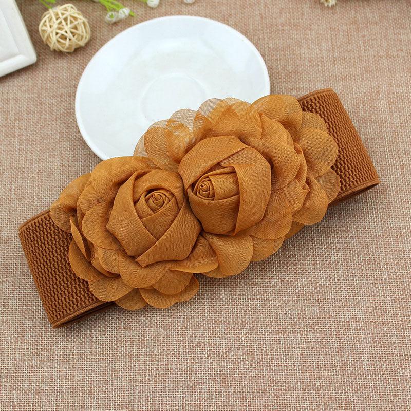 Elastic Wide Belt Lace Flower Buckle Solid Waistband