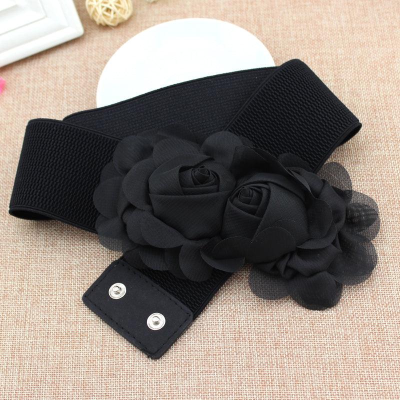 Elastic Wide Belt Lace Flower Buckle Solid Waistband