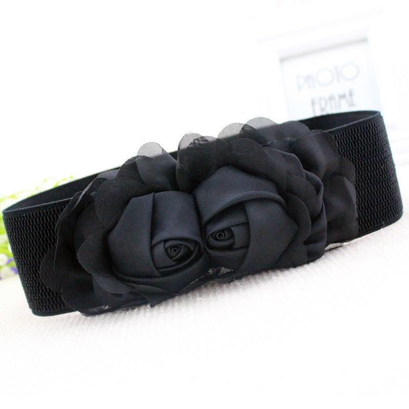 Elastic Wide Belt Lace Flower Buckle Solid Waistband