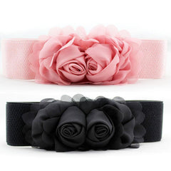 Elastic Wide Belt Lace Flower Buckle Solid Waistband