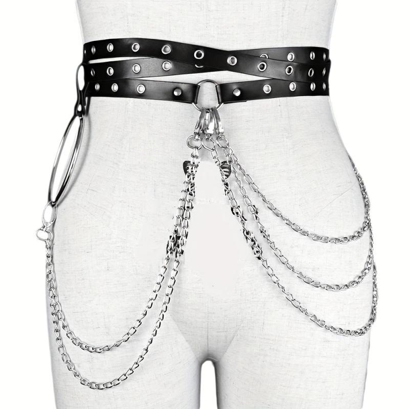 Layer Chain Tassel Belt Gothic Hollow PU Leather Belt Vintage Jeans Pants Belt