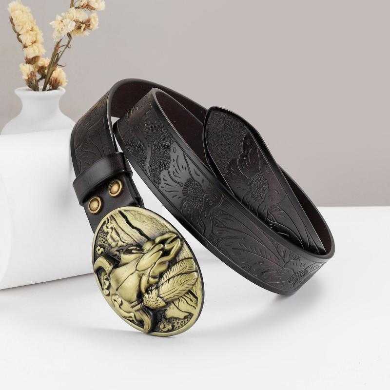 Men's Embossed Leather Belt With Bull Head Buckle Vintage Leather Belt