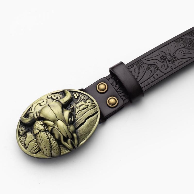 Men's Embossed Leather Belt With Bull Head Buckle Vintage Leather Belt