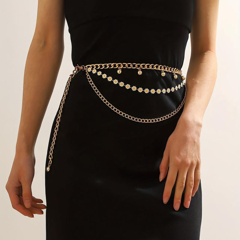 Daisy Layered Waist Chain Vintage Pendant Golden Tassel Metal Chain Belt