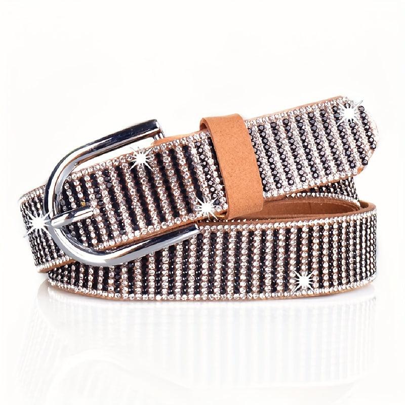 Sparkly Rhinestone PU Belt Hip Hop Waistband Striped Pattern