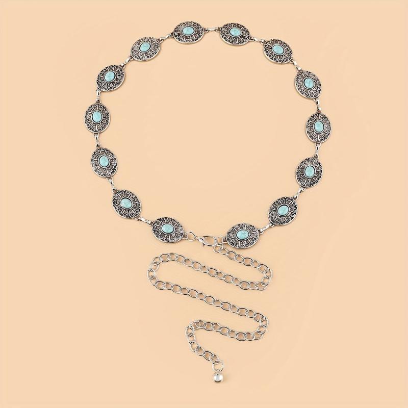Vintage Western Style Turquoise Waist Chain Engraved Metal Belt