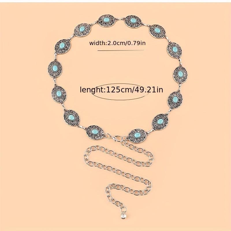 Vintage Western Style Turquoise Waist Chain Engraved Metal Belt