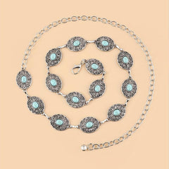 Vintage Western Style Turquoise Waist Chain Engraved Metal Belt