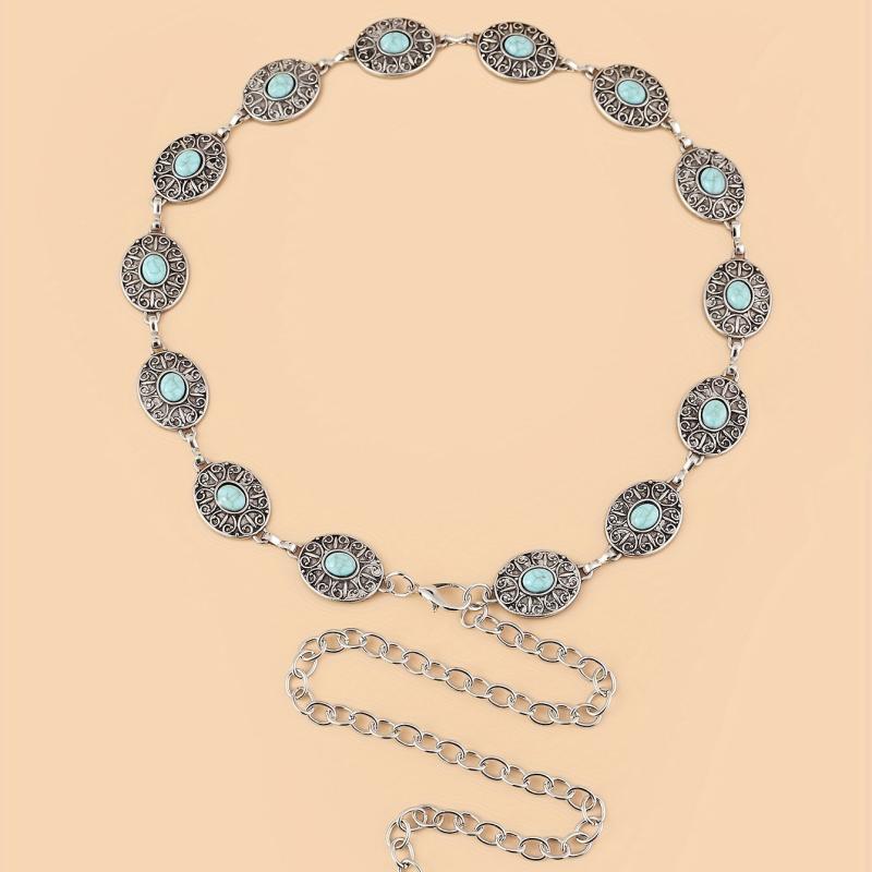 Vintage Western Style Turquoise Waist Chain Engraved Metal Belt