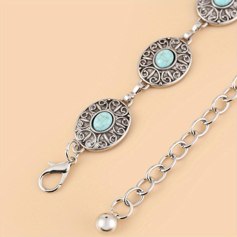Vintage Western Style Turquoise Waist Chain Engraved Metal Belt