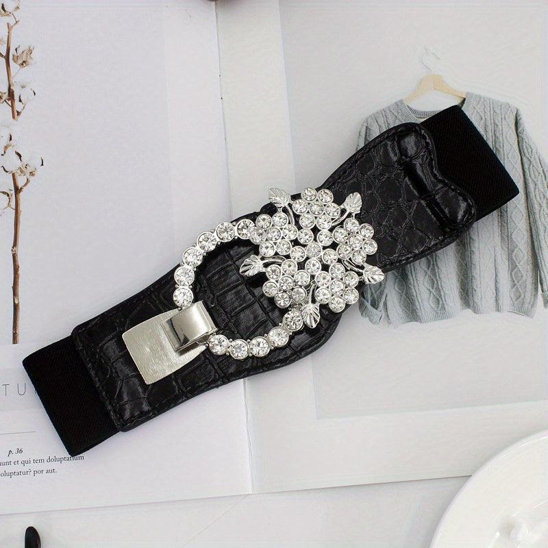Elastic Wide Waistband Rhinestone Buckle Girdle Corset Belt