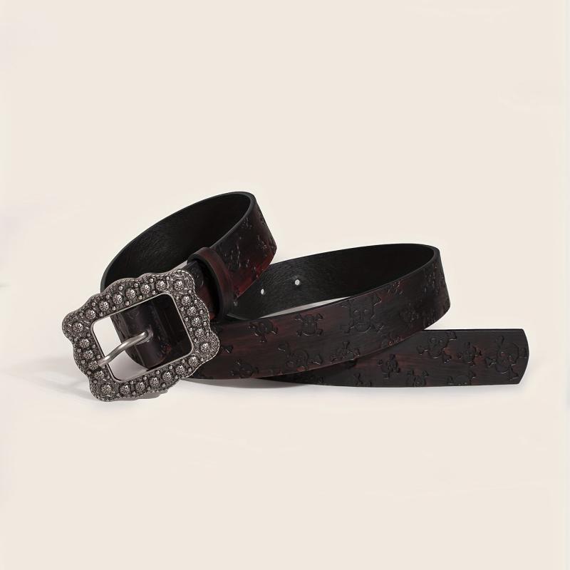 Vintage Carved Buckle Brown Belt Skull Pattern Embossed PU Leather Belt